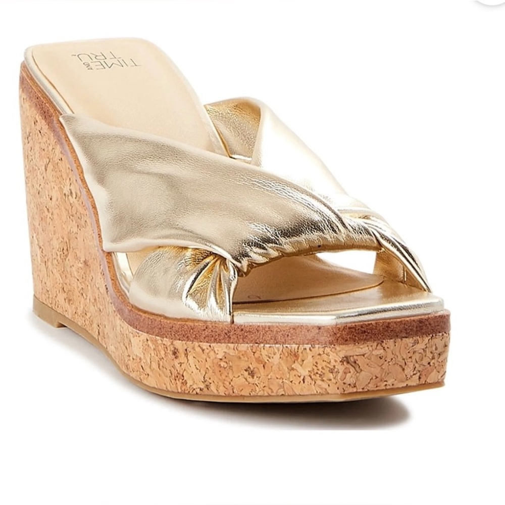 Time and Tru gold square too platform cork wedge sandals womens 6 NEW